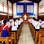 **Image Prompt:** A vibrant scene inside a Korean church in Paraguay, showcasing a Sunday service in progress. Focus on the cultural blend: traditional Korean clothing intermingling with Paraguayan attire. Include elements like Korean script on the walls, people singing hymns, and the warm, inviting atmosphere of a community gathering.
