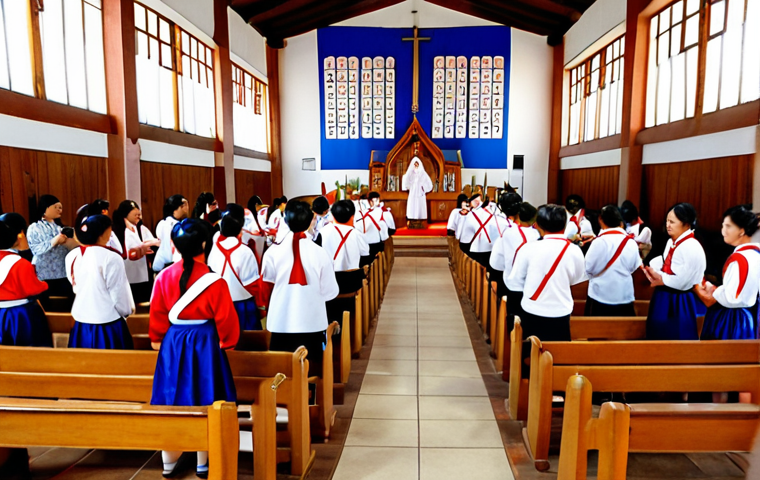 **Image Prompt:** A vibrant scene inside a Korean church in Paraguay, showcasing a Sunday service in progress. Focus on the cultural blend: traditional Korean clothing intermingling with Paraguayan attire. Include elements like Korean script on the walls, people singing hymns, and the warm, inviting atmosphere of a community gathering.